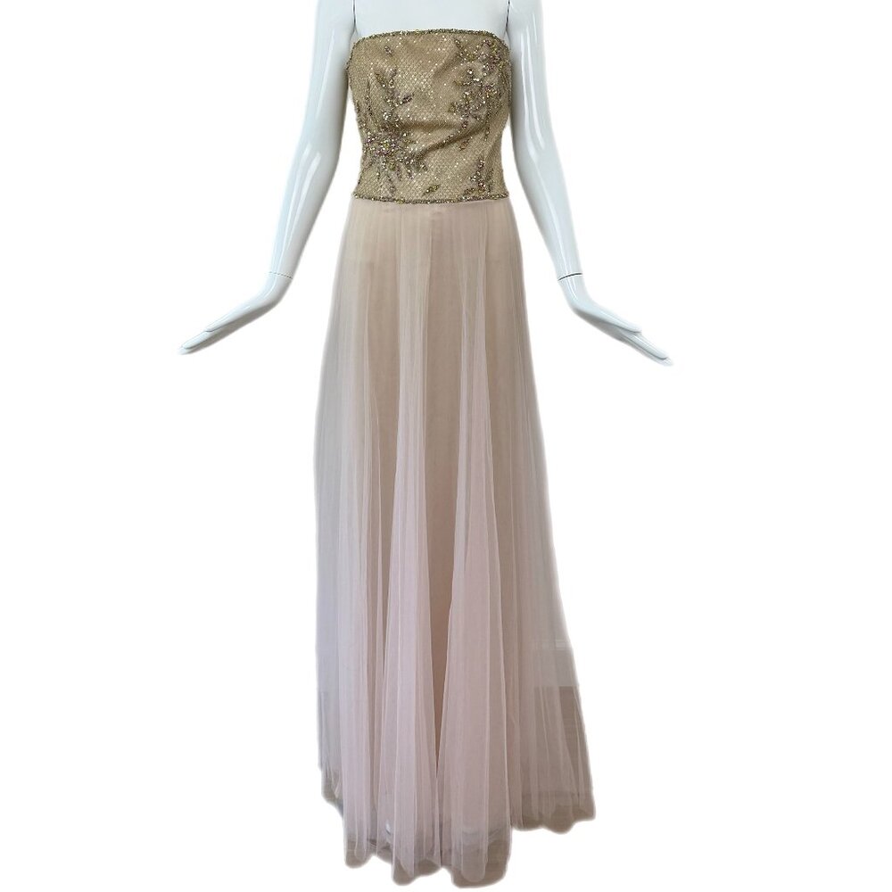ESCADA Y2K Vintage Embellished Pink + Gold Tulle Ball Gown Evening Maxi Dress
